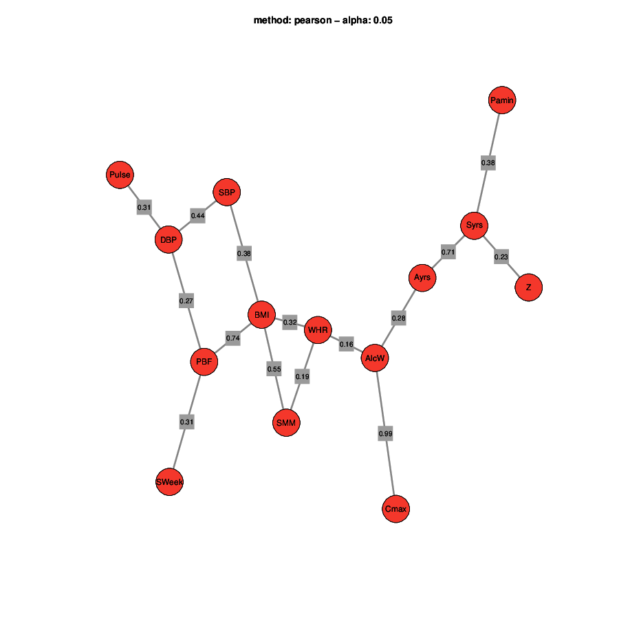 The graph shows the association between the variables. Physical activity is not associated to any variable.
